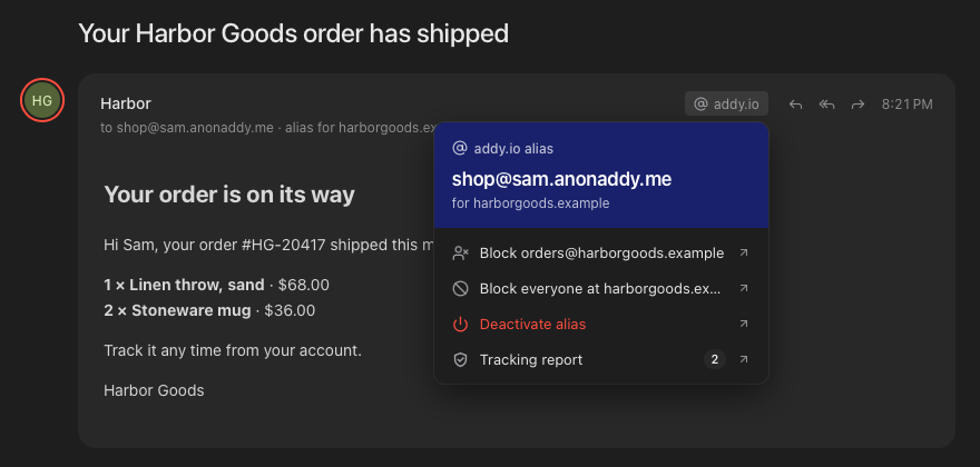 A forwarded order showing the real sender, with the addy.io menu open: block the sender, block their domain, deactivate the alias and the tracking report