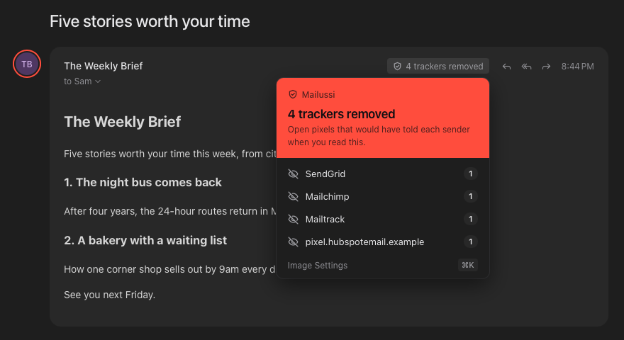 A newsletter with its "4 trackers removed" menu open, listing SendGrid, Mailchimp, Mailtrack and one more